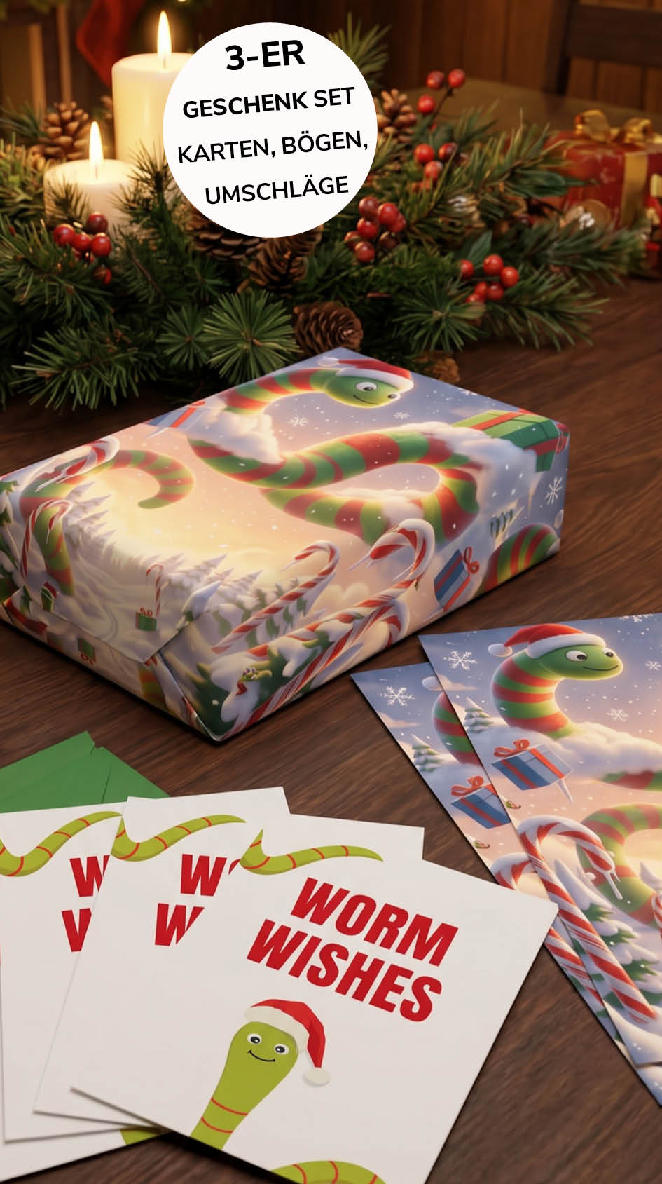 Liebevolles Geschenkpapier Weihnachten 3er Set Worm Wishes, Geschenkverpackung DIN A2, Weihnachtskarte inkl. Umschlägen